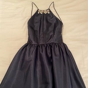 Navy Jeweled-Neck Cocktail Dress
